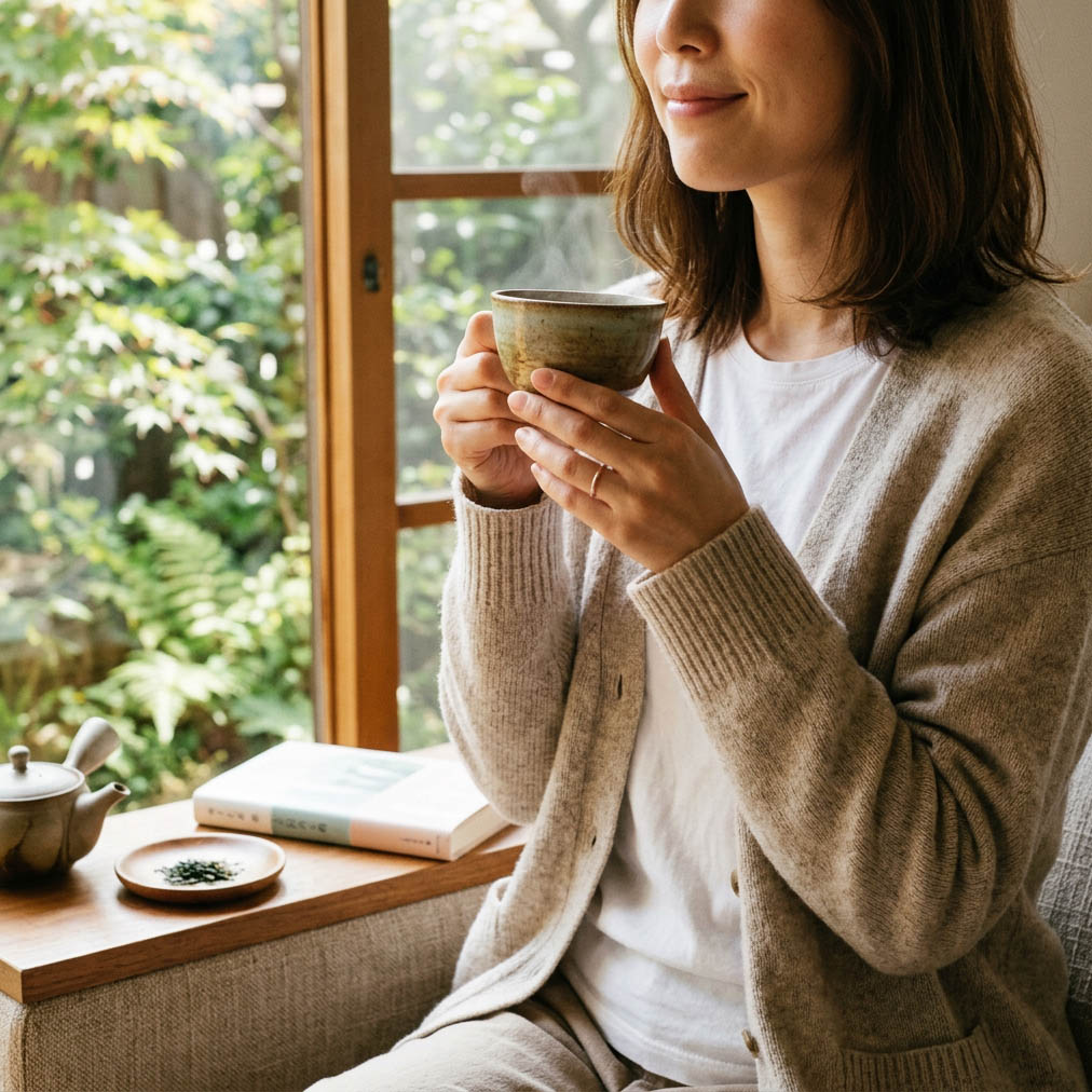 チャ葉エキスお茶を飲む女性